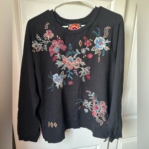 Johnny Was Black Sweatshirt with Floral Embroidery